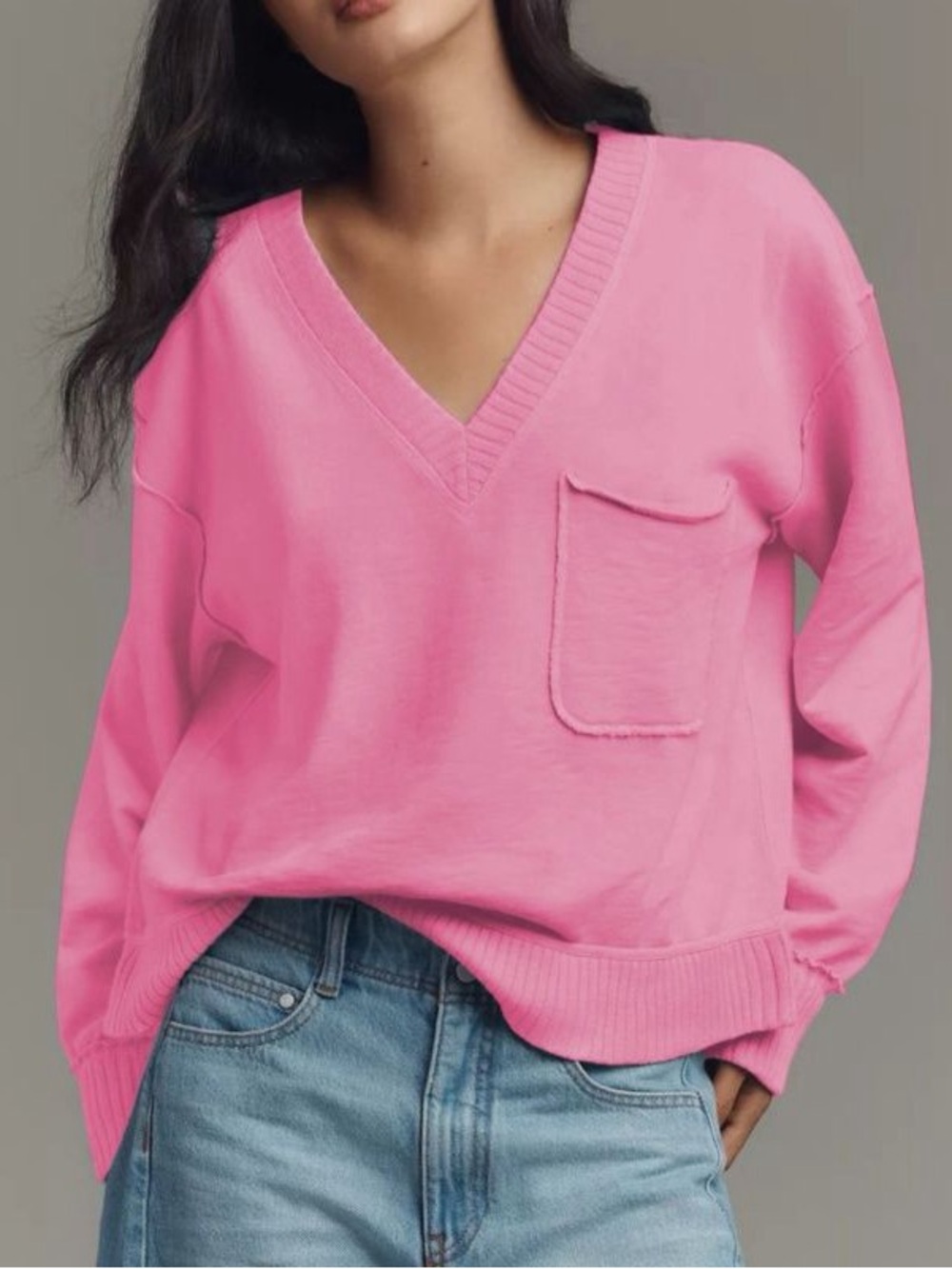 Anthropologie Pilcro Montana Pocket Knit Top Oversized V Neck Pink Barbie Size M